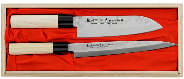 JAPOŃSKIE NOŻE Zestawy Satake Nashiji Natural Zestaw Santoku i Sashimi w pudełku prezentowym HG8141W